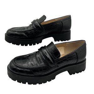 Nine West New Women 8.5 Black Croc-Embossed Chunky Lug Sole Slip On Loafers Y2K